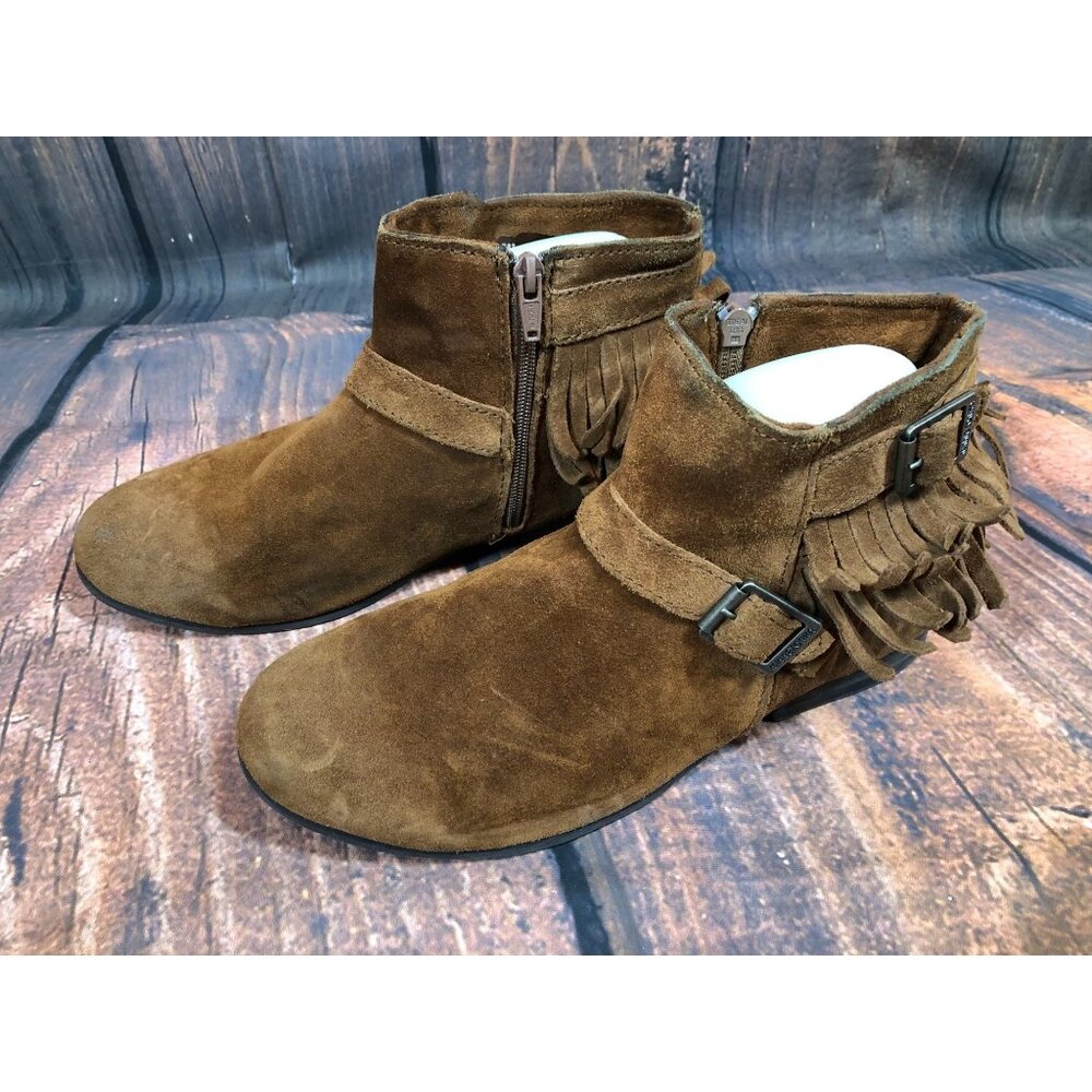 Minnetonka Rancho Brown Suede Fringe Ankle Buckle Boots Booties Womens 9 (v5L